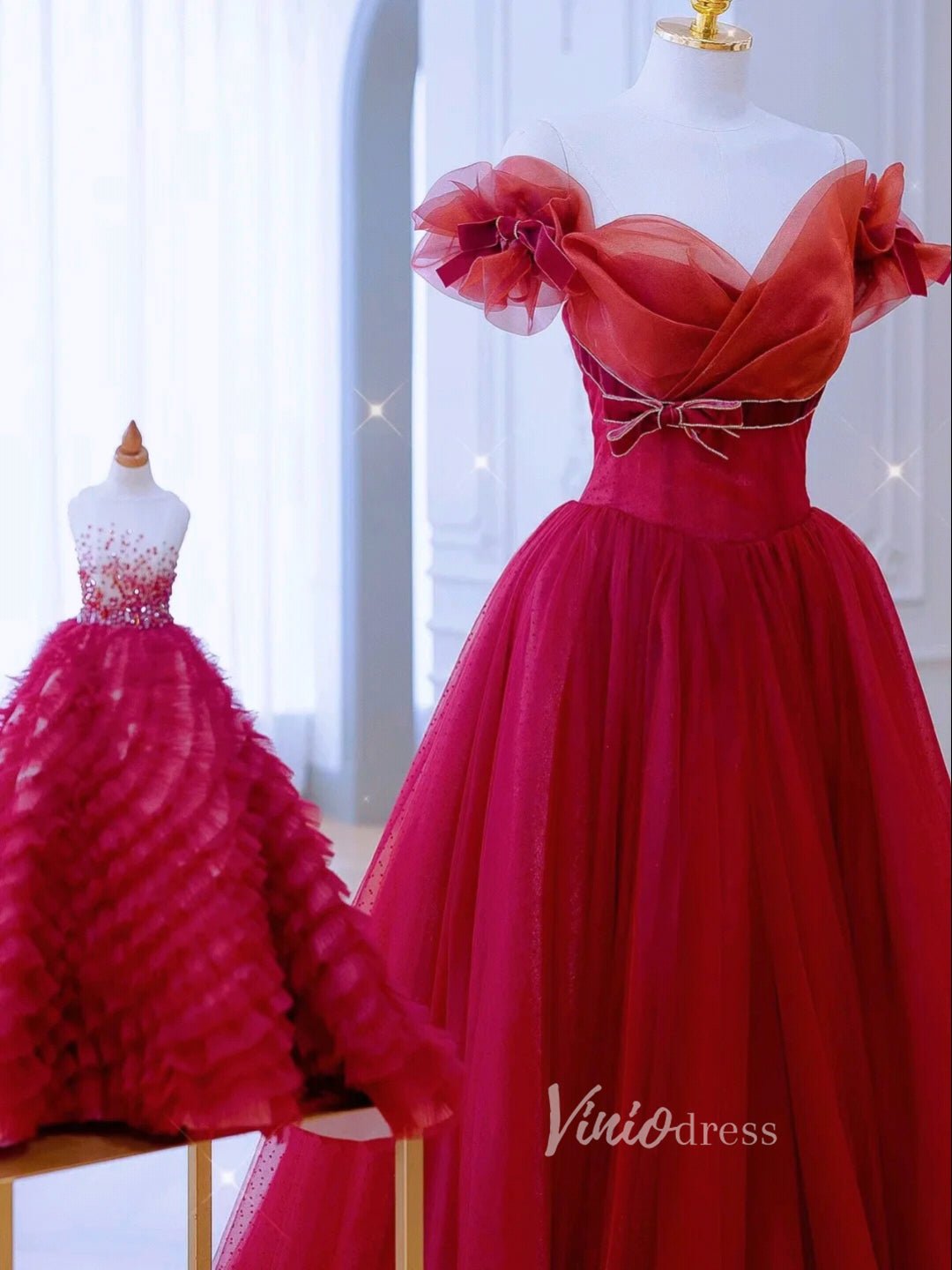 Red Tulle Prom Dresses Off the Shoulder Removable Sleeve Evening Dress FD3215-prom dresses 2025 -Viniodress-Red-Custom Size-