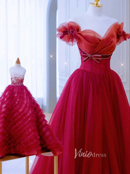 Red Tulle Prom Dresses Off the Shoulder Removable Sleeve Evening Dress FD3215-prom dresses 2025 -Viniodress-Red-Custom Size-