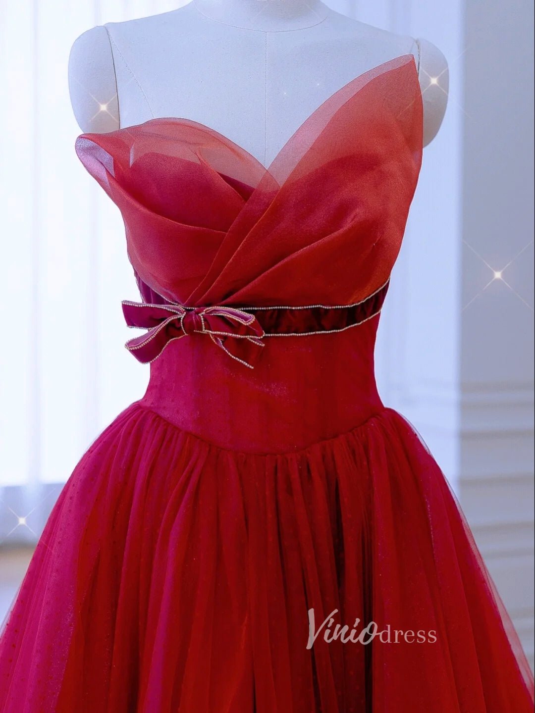 Red Tulle Prom Dresses Off the Shoulder Removable Sleeve Evening Dress FD3215-prom dresses 2025 -Viniodress-Red-Custom Size-