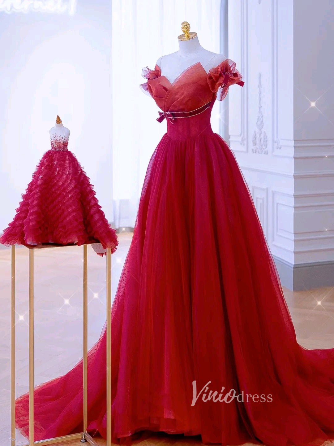 Prom Dress 2025 Red Tulle Prom Dresses Off the Shoulder Removable Sleeve Evening Dress FD3215-unique prom dresses-Red-Custom Size-Viniodress