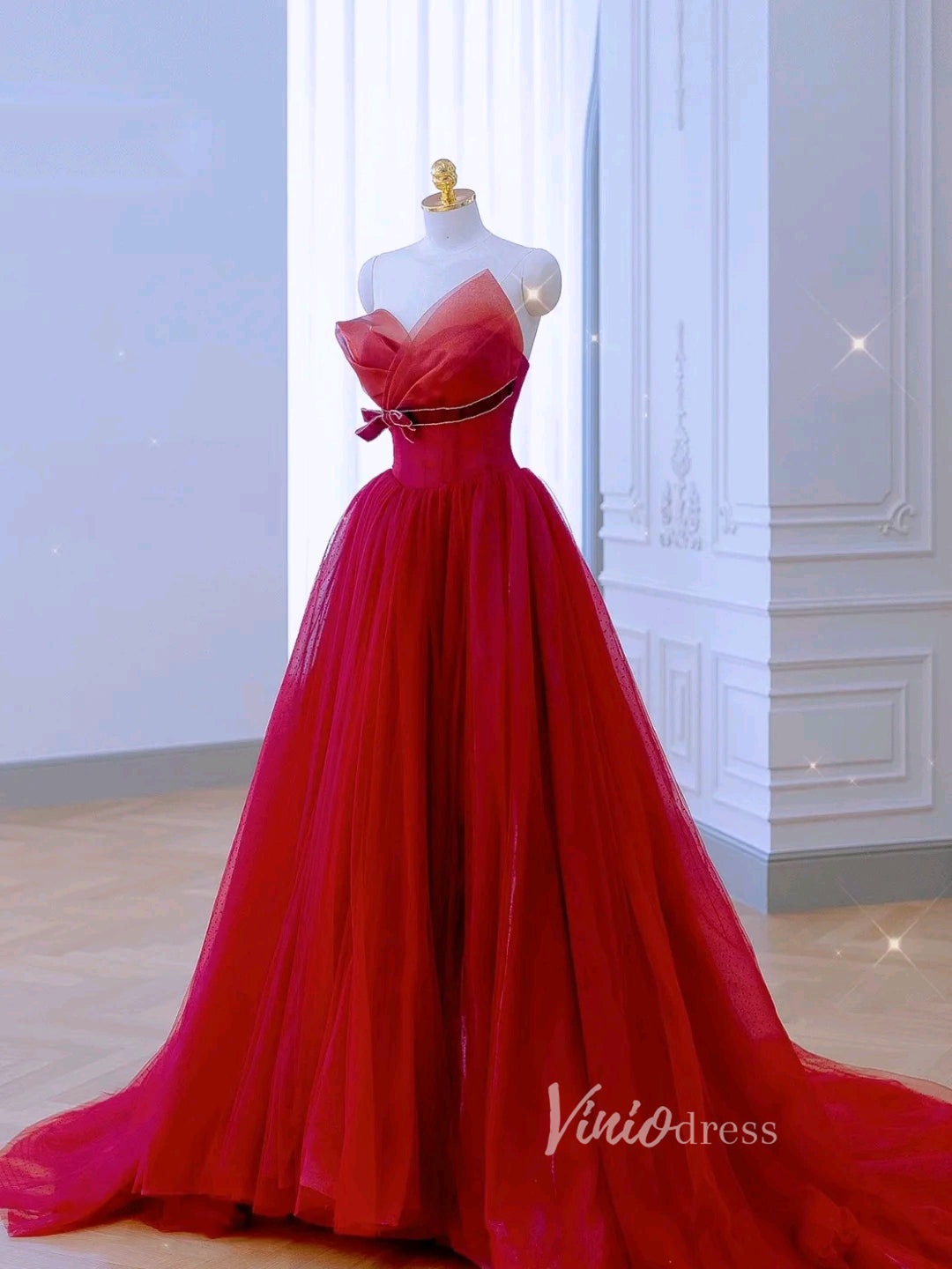 Prom Dress 2025 Red Tulle Prom Dresses Off the Shoulder Removable Sleeve Evening Dress FD3215-unique prom dresses-Red-Custom Size-Viniodress