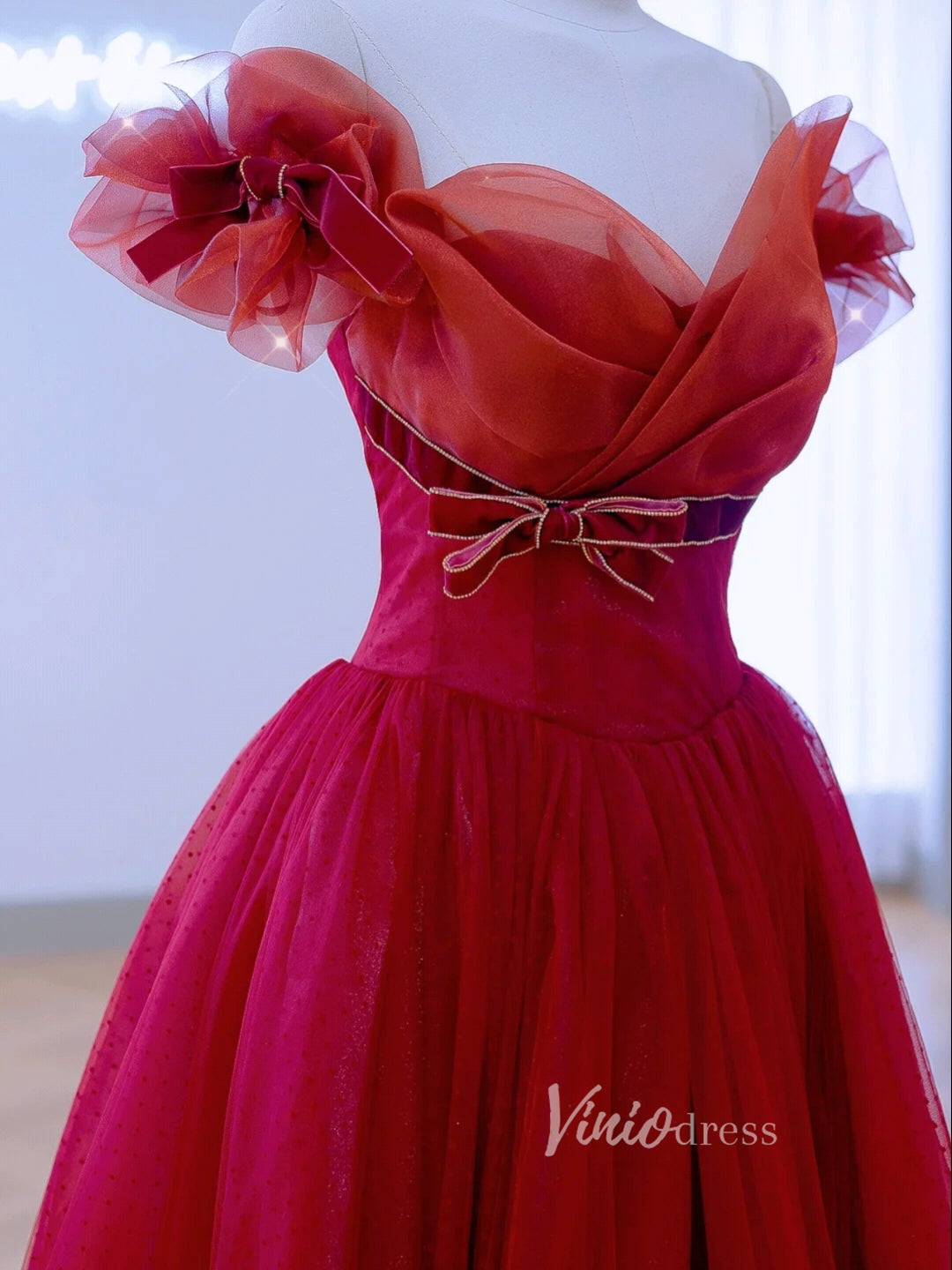 Prom Dress 2025 Red Tulle Prom Dresses Off the Shoulder Removable Sleeve Evening Dress FD3215-unique prom dresses-Red-Custom Size-Viniodress