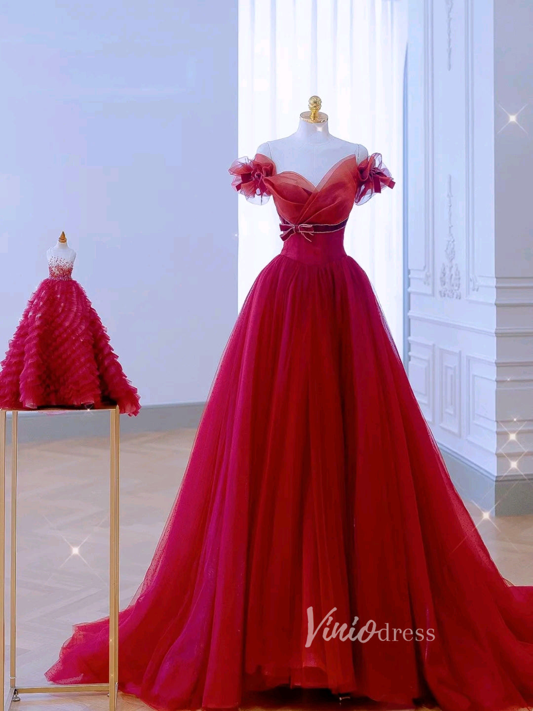 Prom Dress 2025 Red Tulle Prom Dresses Off the Shoulder Removable Sleeve Evening Dress FD3215-unique prom dresses-Red-Custom Size-Viniodress