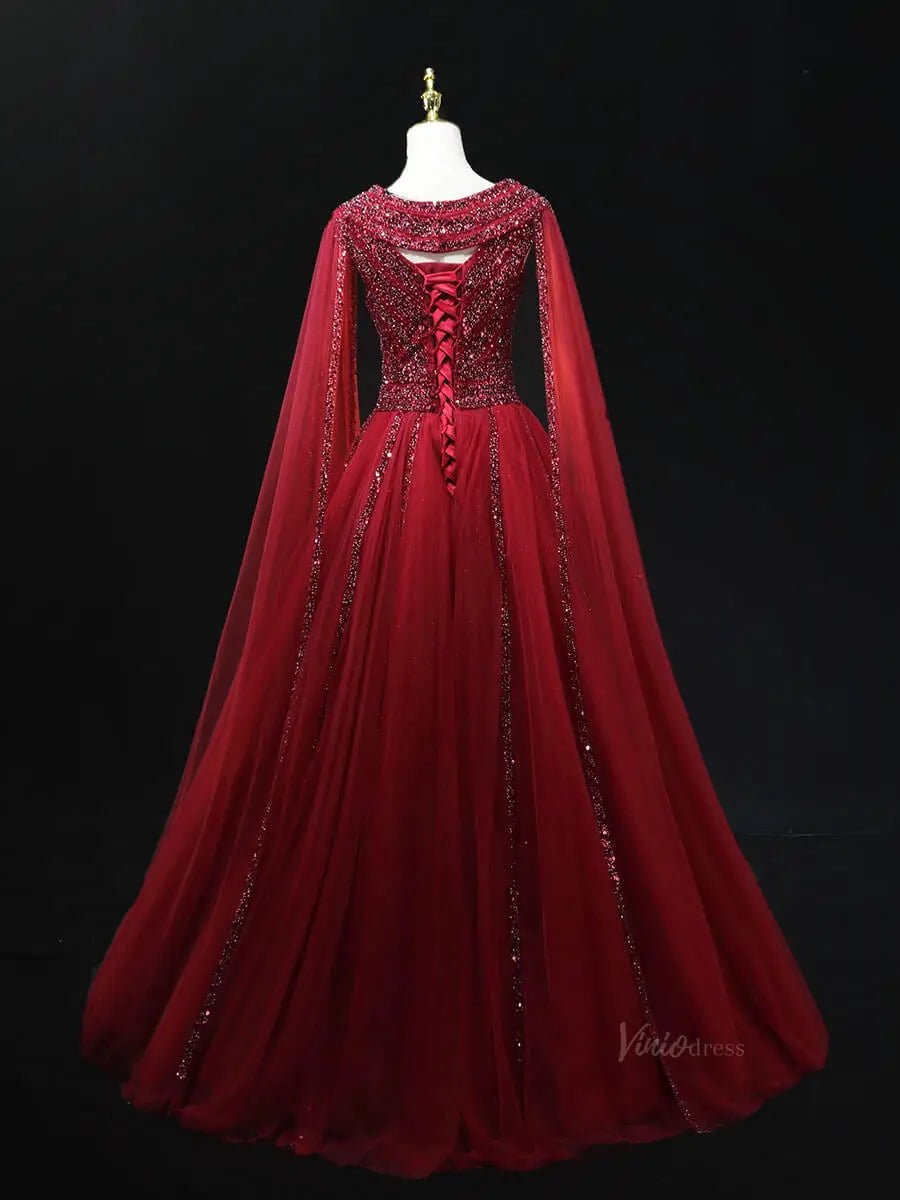 Red Tulle Prom Dresses with Cape Sleeve, Beaded, Boat Neck, Formal Gow Viniodress Red Tulle Prom Dresses with Cape Sleeve, Beaded, Boat Neck, Formal Gow Viniodress