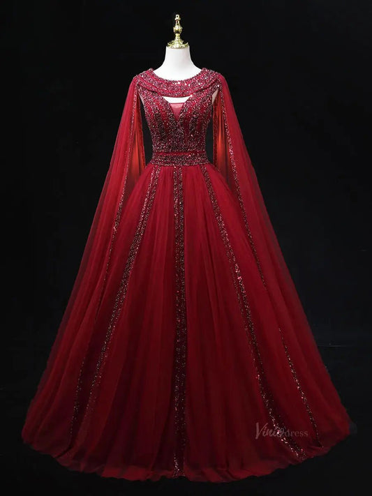 Red Tulle Prom Dresses with Cape Sleeve, Beaded, Boat Neck, Formal Gown SU058-prom dresses 2025 -Viniodress-Red-Custom Size-