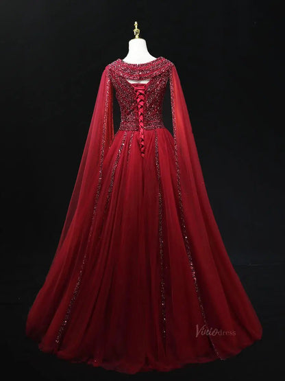Red Tulle Prom Dresses with Cape Sleeve, Beaded, Boat Neck, Formal Gown SU058-prom dresses 2025 -Viniodress-Red-Custom Size-