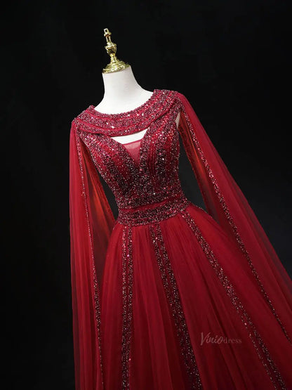Red Tulle Prom Dresses with Cape Sleeve, Beaded, Boat Neck, Formal Gown SU058-prom dresses 2025 -Viniodress-Red-Custom Size-