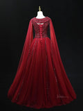 prom dresses 2025 Red Tulle Prom Dresses with Cape Sleeve, Beaded, Boat Neck, Formal Gown SU058-plus size wedding dresses Viniodress-Red-Custom Size-