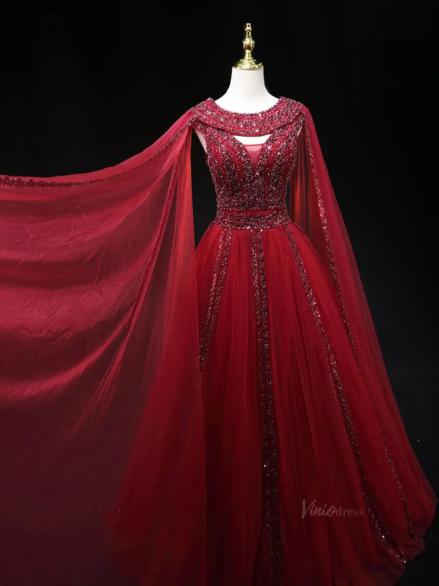 prom dresses 2025 Red Tulle Prom Dresses with Cape Sleeve, Beaded, Boat Neck, Formal Gown SU058-plus size wedding dresses Viniodress-Red-Custom Size-