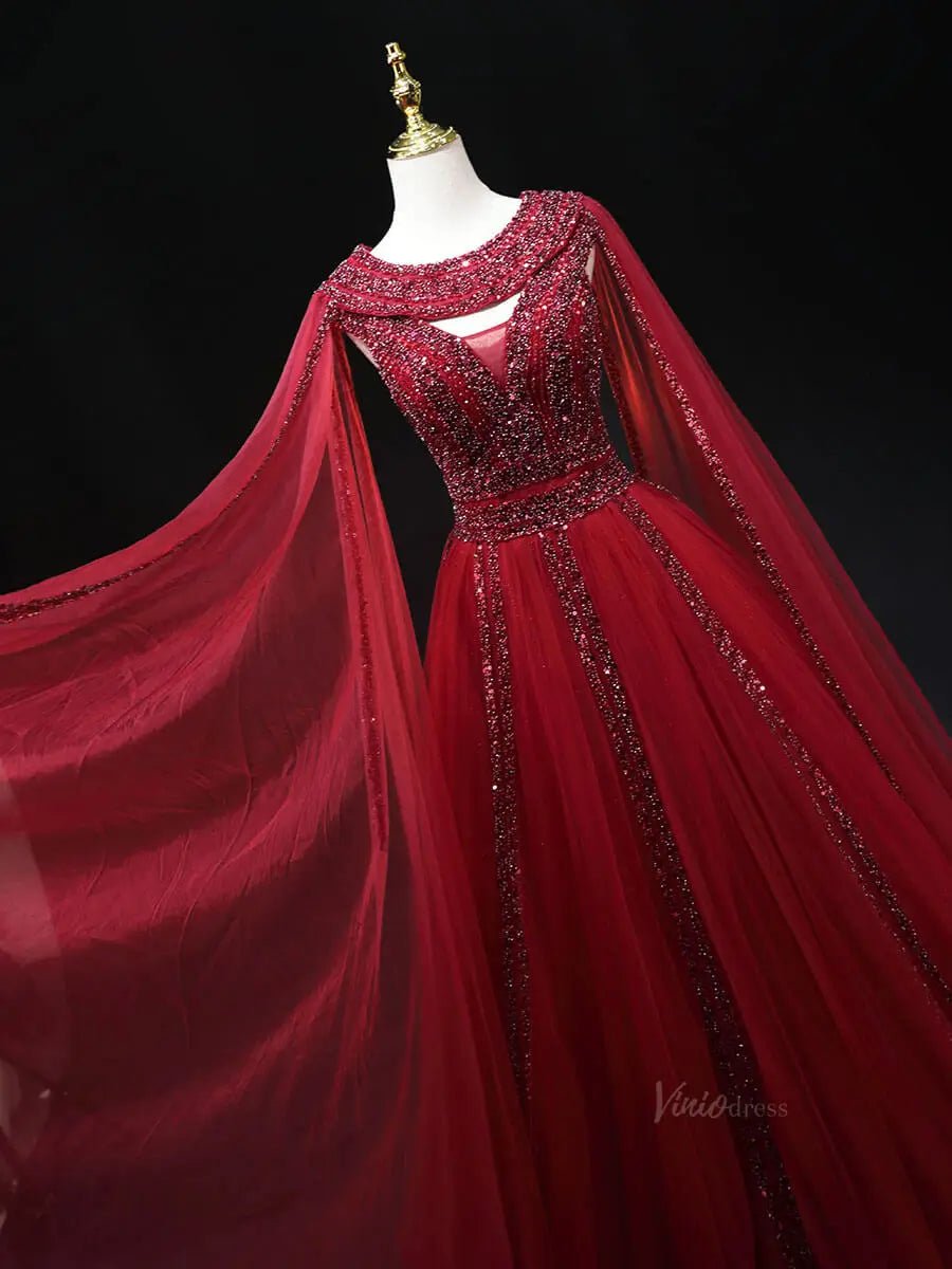 Red Tulle Prom Dresses with Cape Sleeve, Beaded, Boat Neck, Formal Gown SU058 - Viniodressprom dressesRedCustom Size - Formal Dresses - Ball Gowns