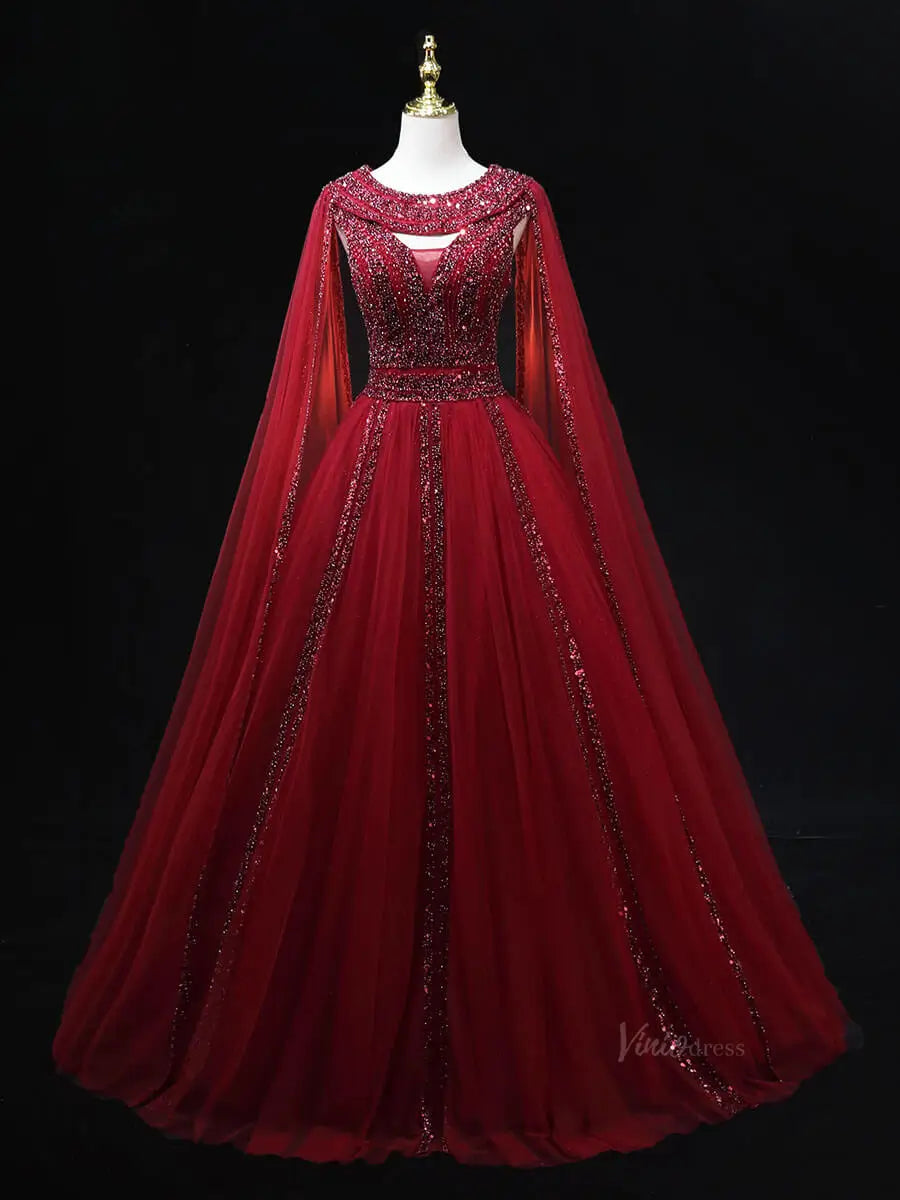 prom dresses 2025 Red Tulle Prom Dresses with Cape Sleeve, Beaded, Boat Neck, Formal Gown SU058-plus size wedding dresses Viniodress-Red-Custom Size-