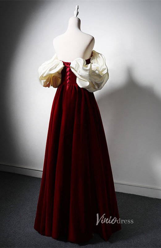 Red Velvet Pearl Prom Dresses Puffed Sleeve Formal Dress AD1212-prom dresses 2025 -Viniodress-Red-Custom Size-