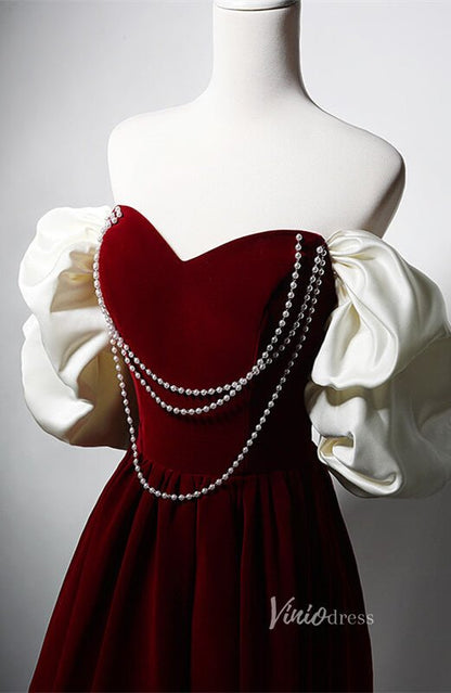 Red Velvet Pearl Prom Dresses Puffed Sleeve Formal Dress AD1212-prom dresses 2025 -Viniodress-Red-Custom Size-