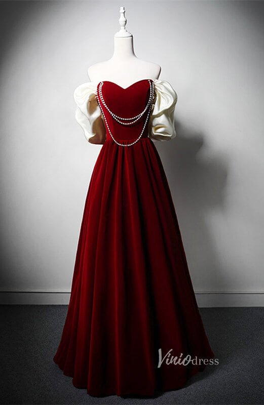 Red Velvet Pearl Prom Dresses Puffed Sleeve Formal Dress AD1212-prom dresses 2025 -Viniodress-Red-Custom Size-