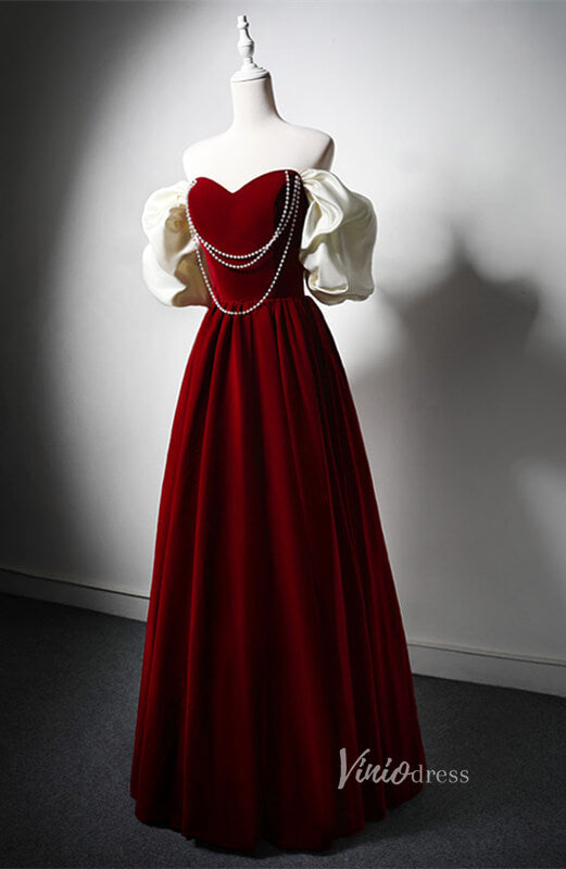 Prom Dress 2025 Red Velvet Pearl Cheap Prom Dresses Puffed Sleeve Formal Dress AD1212-unique prom dresses-Red-Custom Size-Viniodress