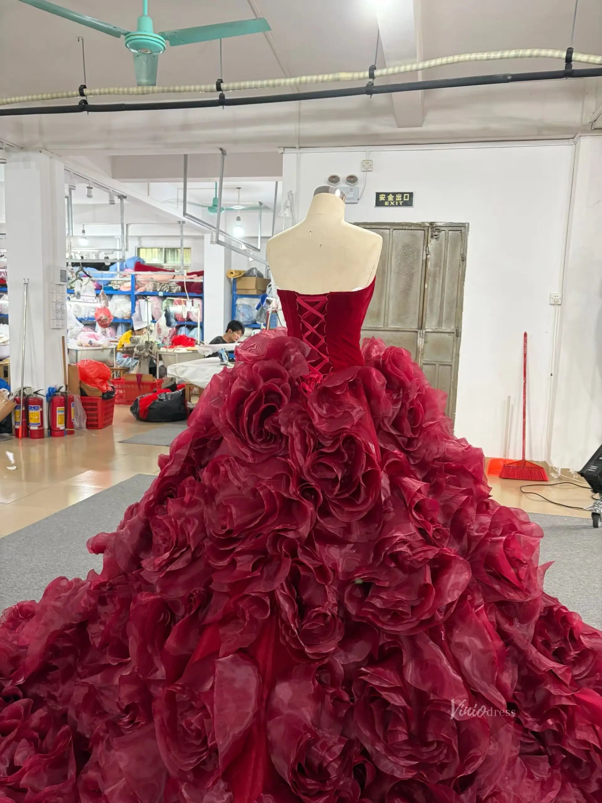 Burgundy 3D Rose Quinceanera Dress with Grand Ball Gown Viniodress Burgundy 3D Rose Quinceanera Dress with Grand Ball Gown Viniodress