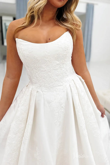 Regal Ivory Floral Embroidered Ball Gown Wedding Dress with Strapless Neckline, Pleated Skirt & Button-Back Train – LA148