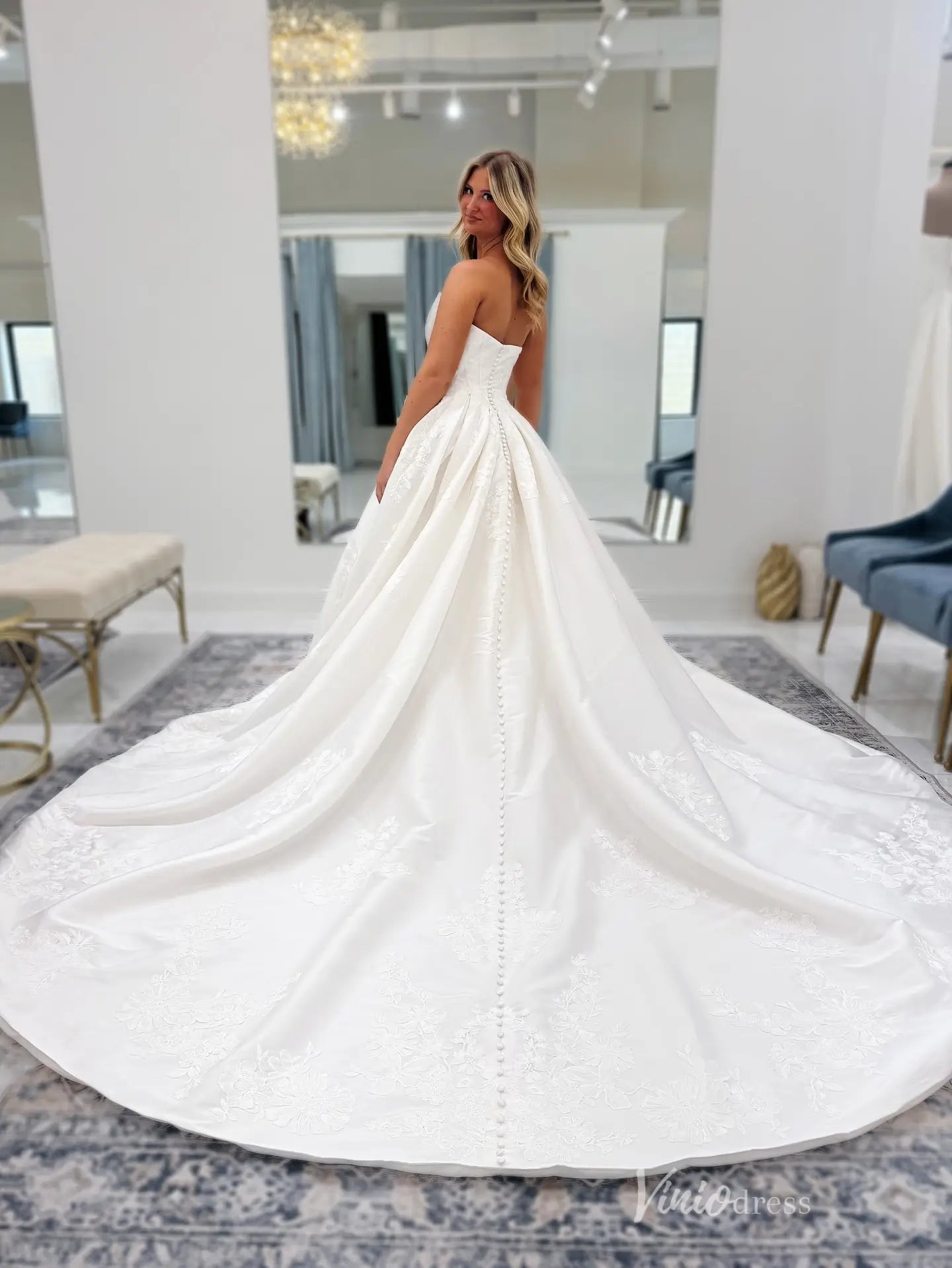 Regal Ivory Floral Embroidered Ball Gown Wedding Dress with Strapless Neckline, Pleated Skirt & Button-Back Train – LA148