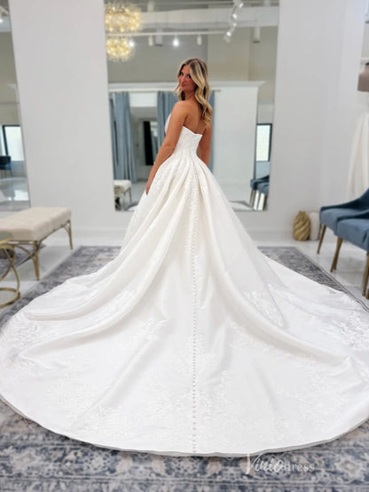 Regal Ivory Floral Embroidered Ball Gown Wedding Dress with Strapless Neckline, Pleated Skirt & Button-Back Train – LA148