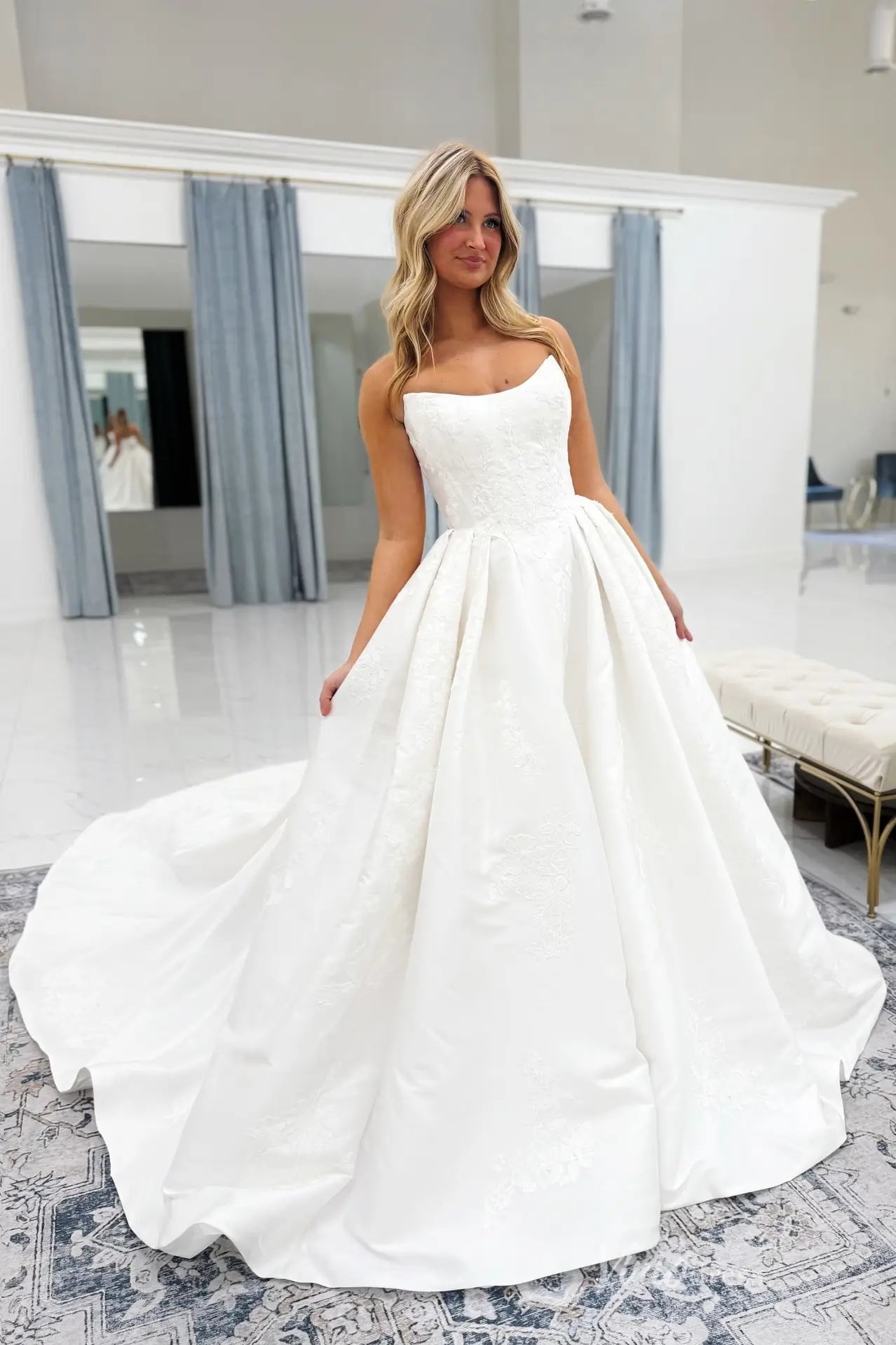 Regal Ivory Floral Embroidered Ball Gown Wedding Dress with Strapless Neckline, Pleated Skirt & Button-Back Train – LA148