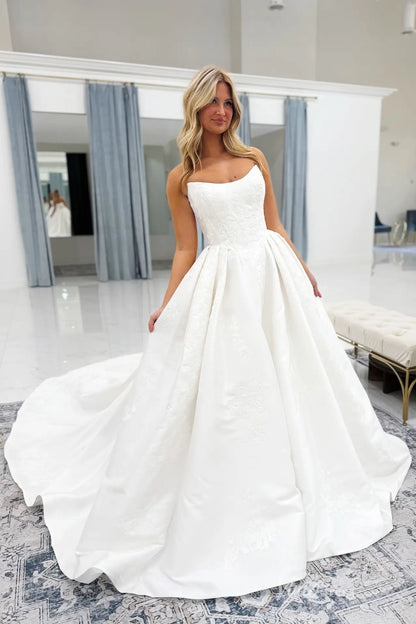 Regal Ivory Floral Embroidered Ball Gown Wedding Dress with Strapless Neckline, Pleated Skirt & Button-Back Train – LA148