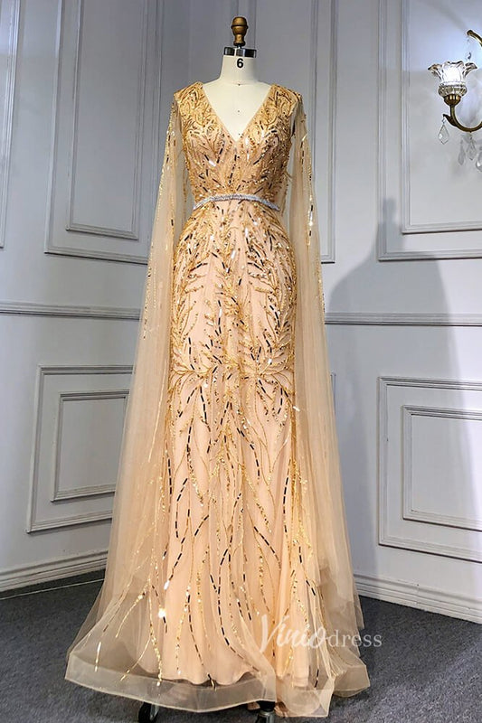 Removable Cape Formal Dresses Beaded Mermaid Pageant Dress FD3001-Evening Dresses 2025 -Viniodress-Champagne-US 2-