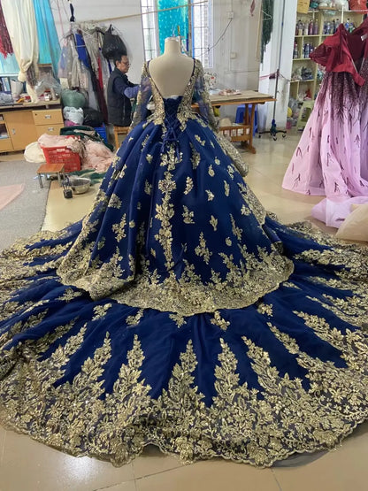 Retro Gold Cathedral Wedding Dress | Long Sleeve Vintage Ball Gown with 1.2m Train 66949-wedding dresses 2026-Viniodress-Green-Custom Size-