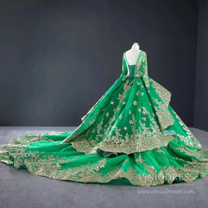 Retro Ornate Red Gold Cathedral Wedding Dresses Long Sleeves 66949-wedding dresses 2025 -Viniodress-Emerald Green-Custom Size-