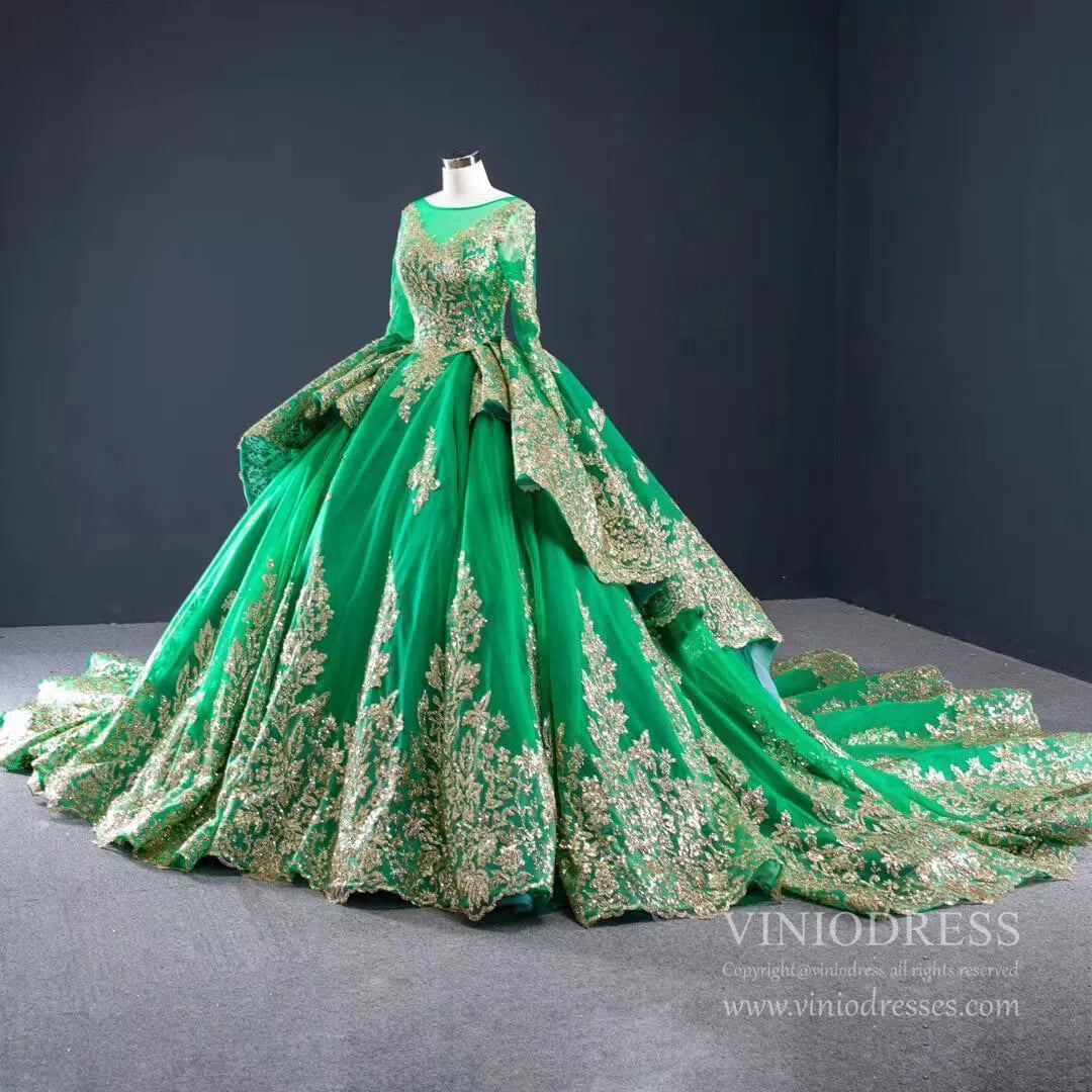 Retro Ornate Red Gold Cathedral Wedding Dresses Long Sleeves 66949-wedding dresses 2025 -Viniodress-Emerald Green-Custom Size-