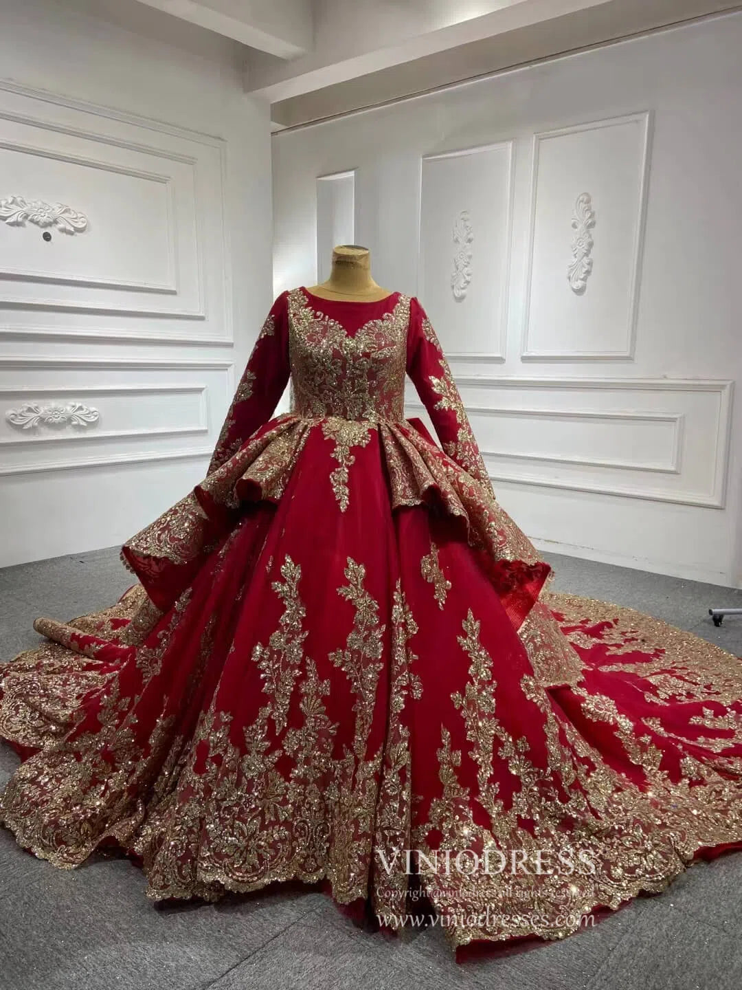 Retro Ornate Red Gold Cathedral Wedding Dresses Long Sleeves 66949-wedding dresses 2025 -Viniodress-Dark Red-Custom Size-