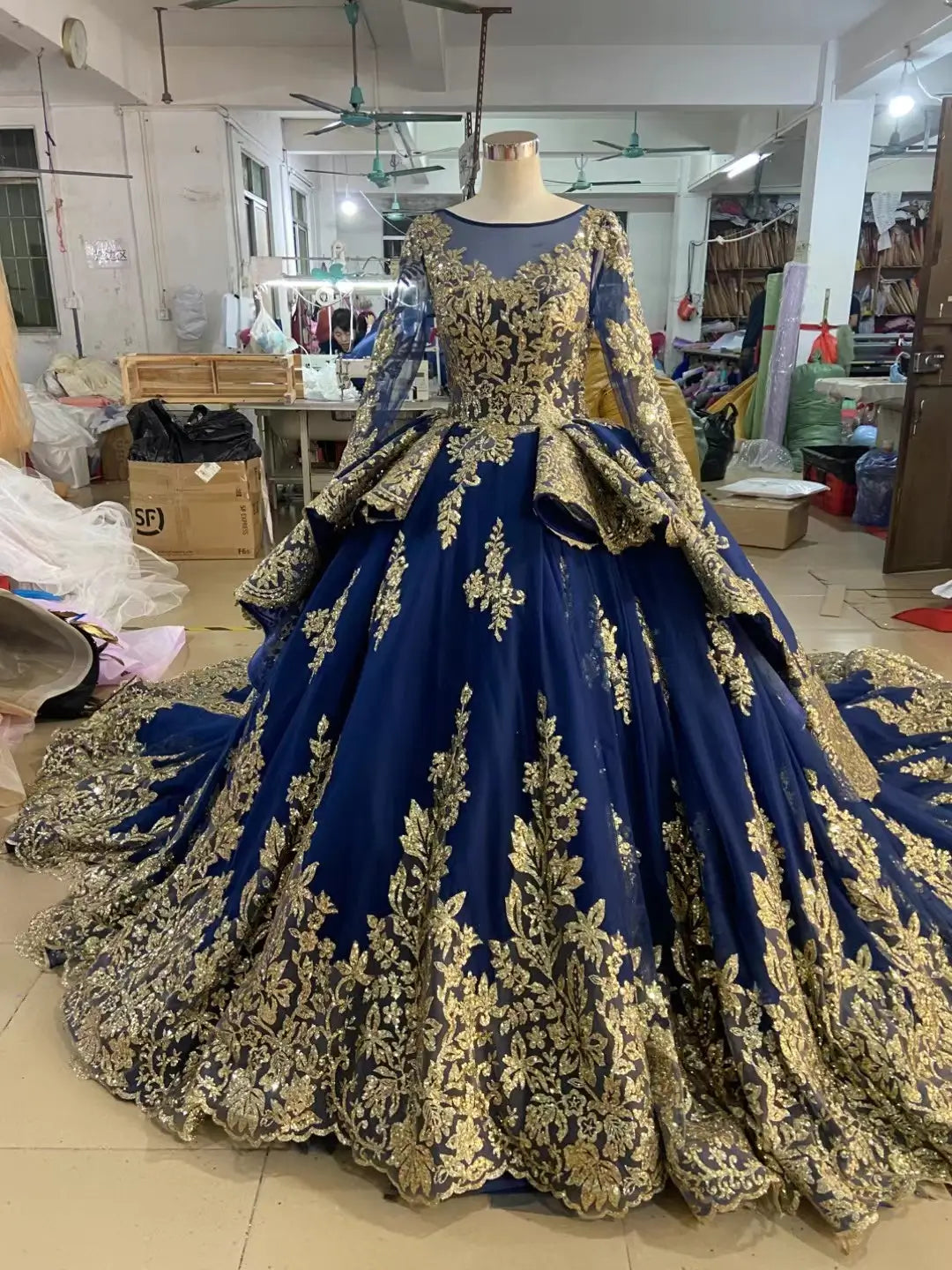 Retro Gold Cathedral Wedding Dress | Long Sleeve Vintage Ball Gown with 1.2m Train 66949-wedding dresses 2026-Viniodress-Green-Custom Size-