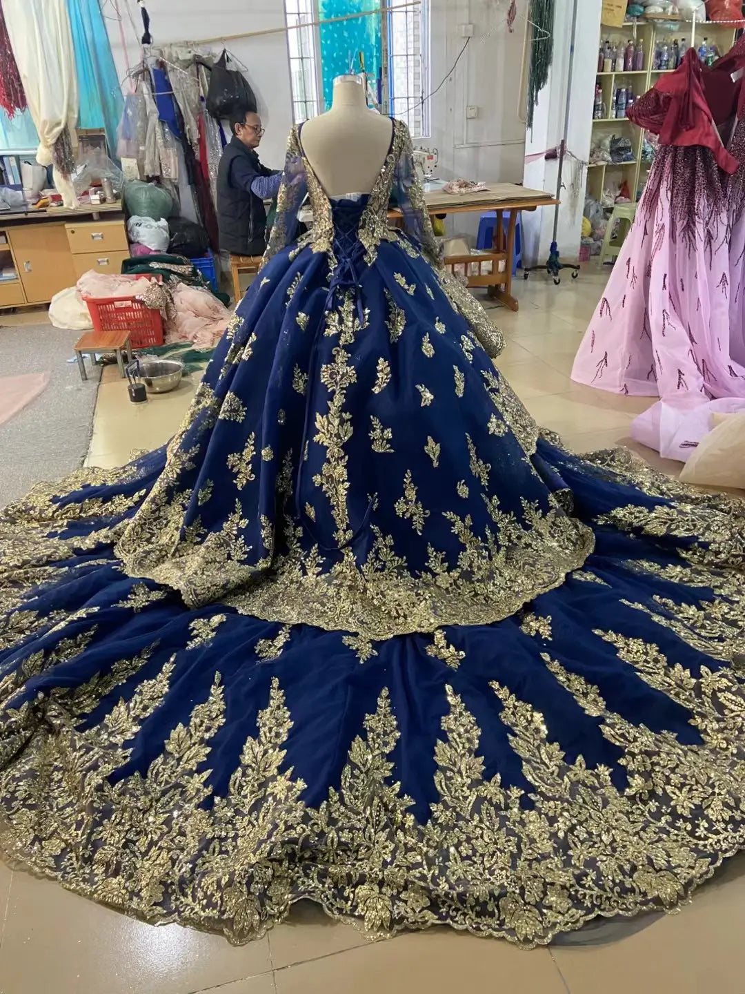 Retro Gold Cathedral Wedding Dress | Long Sleeve Vintage Ball Gown with 1.2m Train 66949-wedding dresses 2026-Viniodress-Green-Custom Size-