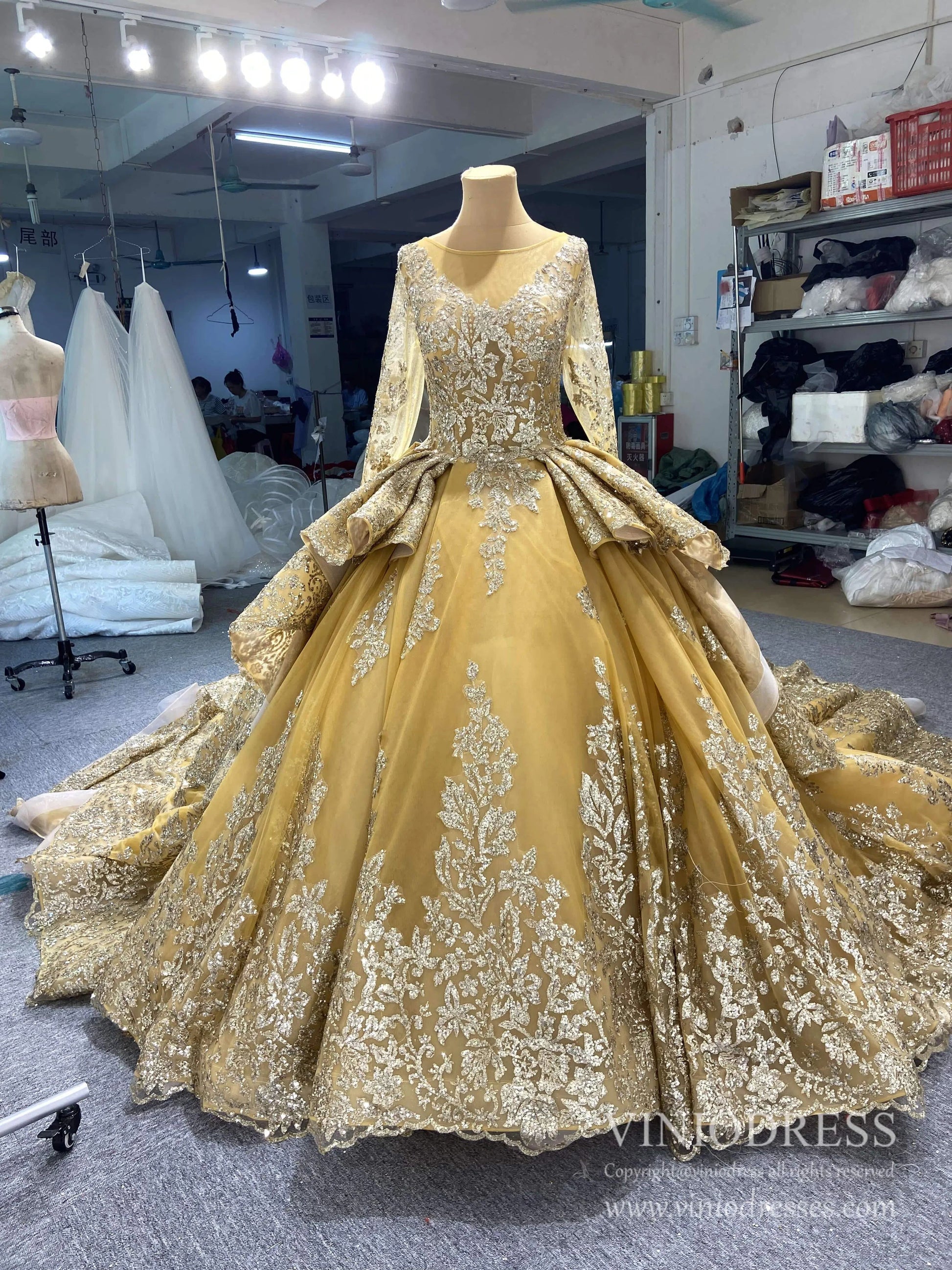 Retro Gold Cathedral Wedding Dress | Long Sleeve Vintage Ball Gown wit Viniodress Retro Gold Cathedral Wedding Dress | Long Sleeve Vintage Ball Gown wit Viniodress