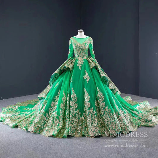 Prom Dress 2025 Retro Ornate Red Gold Cathedral Wedding Dresses Long Sleeves 66949-unique wedding dresses-Emerald Green-Custom Size-Viniodress