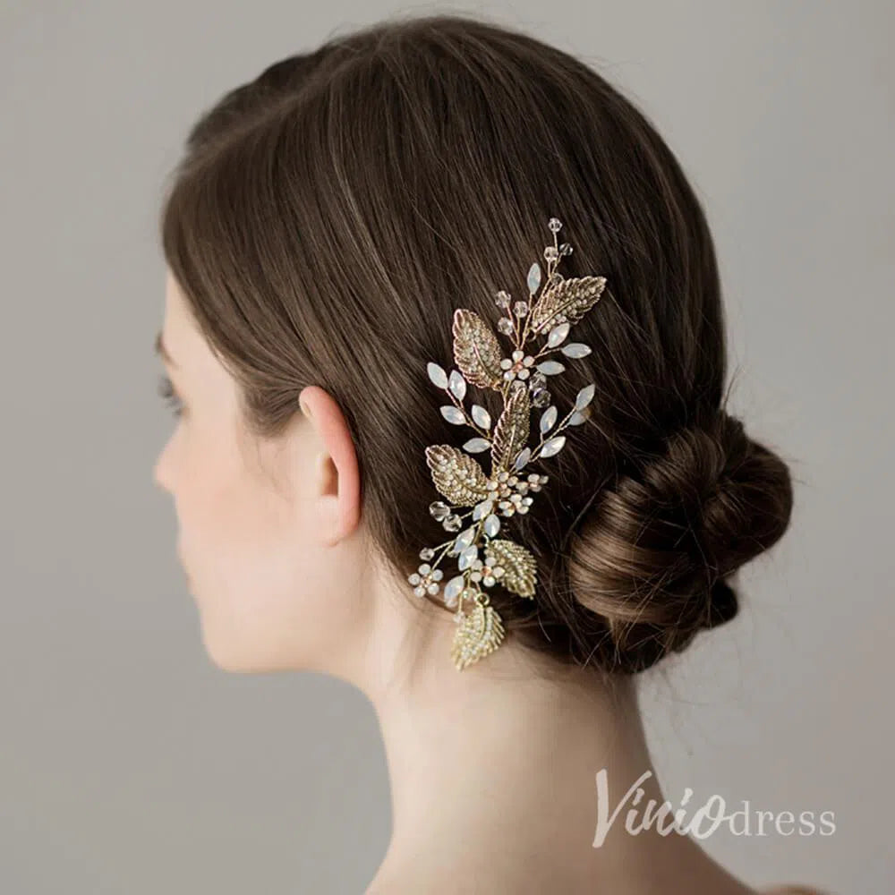 Retro Vintage Gold Comb with Crystal Sprig and Leaves ACC1129-Headpieces 2025 -Viniodress-Gold-