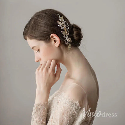 Retro Vintage Gold Comb with Crystal Sprig and Leaves ACC1129-Headpieces 2025 -Viniodress-Gold-