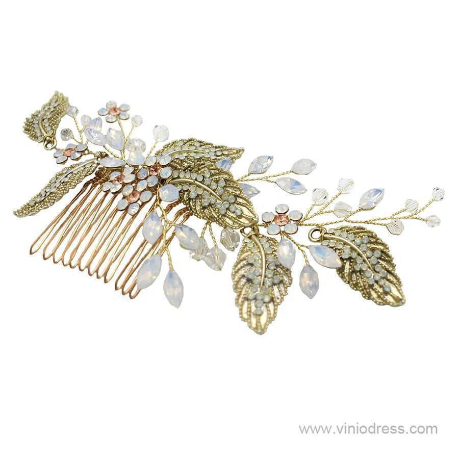 Retro Vintage Gold Comb with Crystal Sprig and Leaves ACC1129-Headpieces 2025 -Viniodress-Gold-