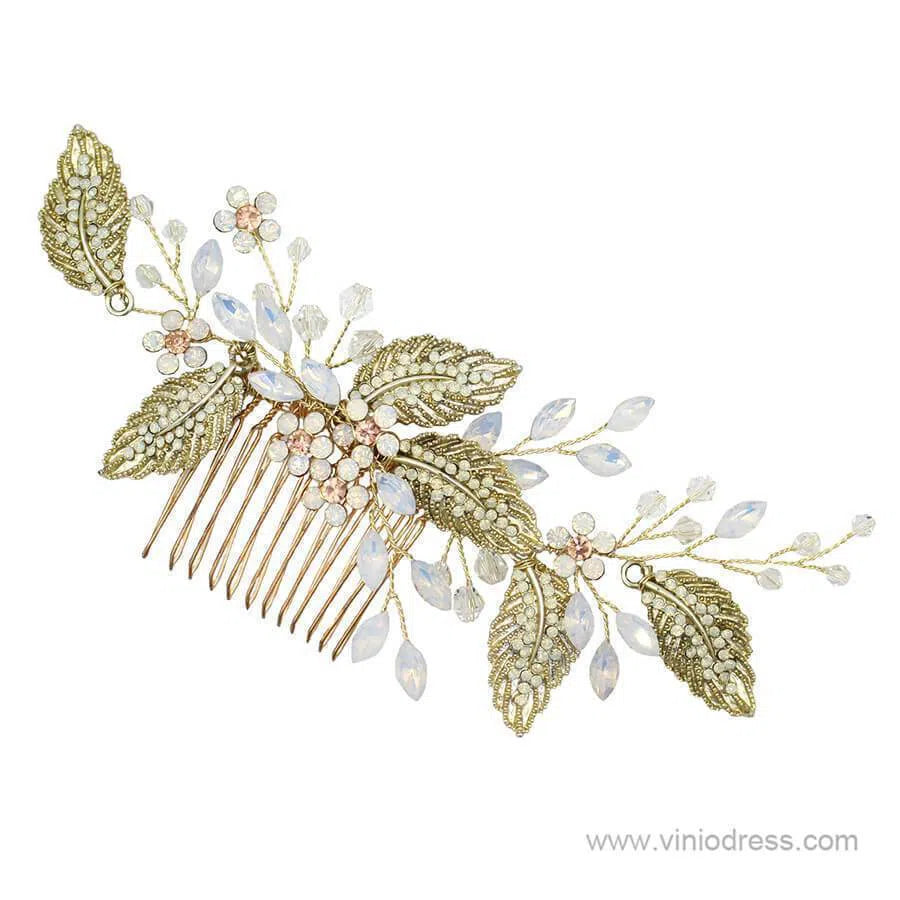 Retro Vintage Gold Comb with Crystal Sprig and Leaves ACC1129-Headpieces 2025 -Viniodress-Gold-