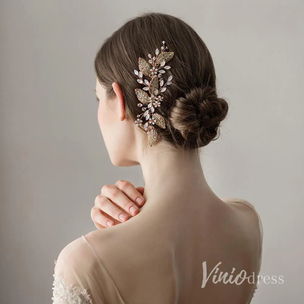 Retro Vintage Gold Comb with Crystal Sprig and Leaves ACC1129-Headpieces 2025 -Viniodress-Gold-