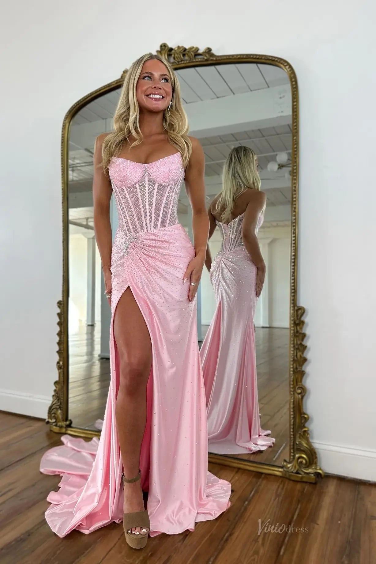 Mint Green Rhinestone Prom Dress with Sheer Corset & Slit SS222 Viniodress Mint Green Rhinestone Prom Dress with Sheer Corset & Slit SS222 Viniodress