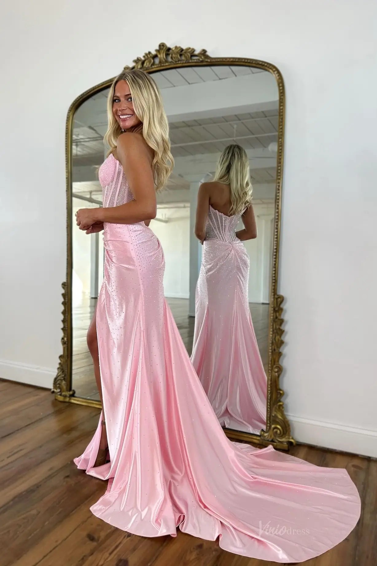 Rhinestone Mermaid Prom Dress with Sheer Corset Bodice, Draped Skirt & High Slit – SS222-Prom Dresses 2026-VINIODRESS-Light Blue-Custom Size – Add Measurements in Cart-