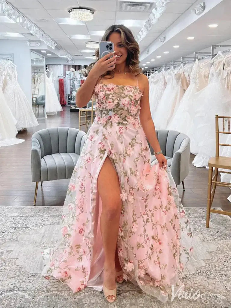 Romantic 3D Floral A-Line Prom Dress with Slit and Spaghetti Straps – FD6151-prom dresses 2025 -Viniodress-Pink-Custom Size-