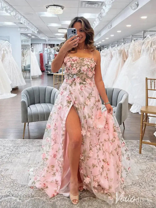 Romantic 3D Floral A-Line Prom Dress with Slit and Spaghetti Straps – FD6151-prom dresses 2025 -Viniodress-Pink-Custom Size-
