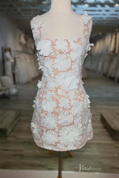 Romantic 3D Floral Lace Mini Wedding Dress with Square Neckline & Wide Straps – BP001-wedding dresses 2025 -Viniodress-Ivory-Custom Size-