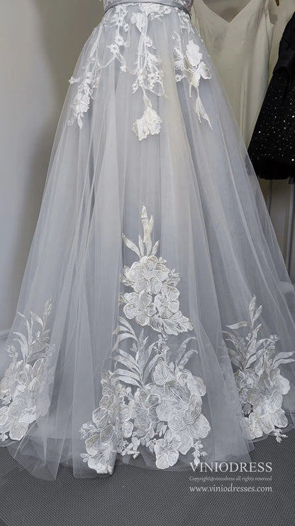 V Neck A Line Floral Silver Wedding Dresses VW1129-wedding dresses 2025 -Viniodress-Silver-Custom Size-