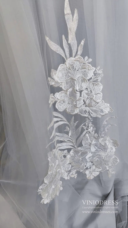 V Neck A Line Floral Silver Wedding Dresses VW1129-wedding dresses 2025 -Viniodress-Silver-Custom Size-