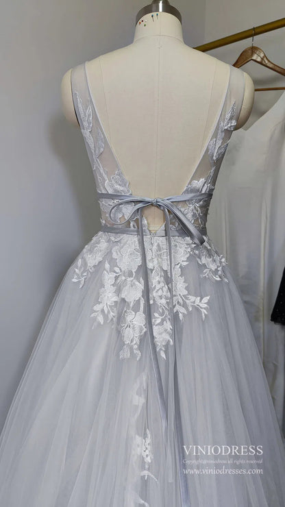 V Neck A Line Floral Silver Wedding Dresses VW1129-wedding dresses 2025 -Viniodress-Silver-Custom Size-