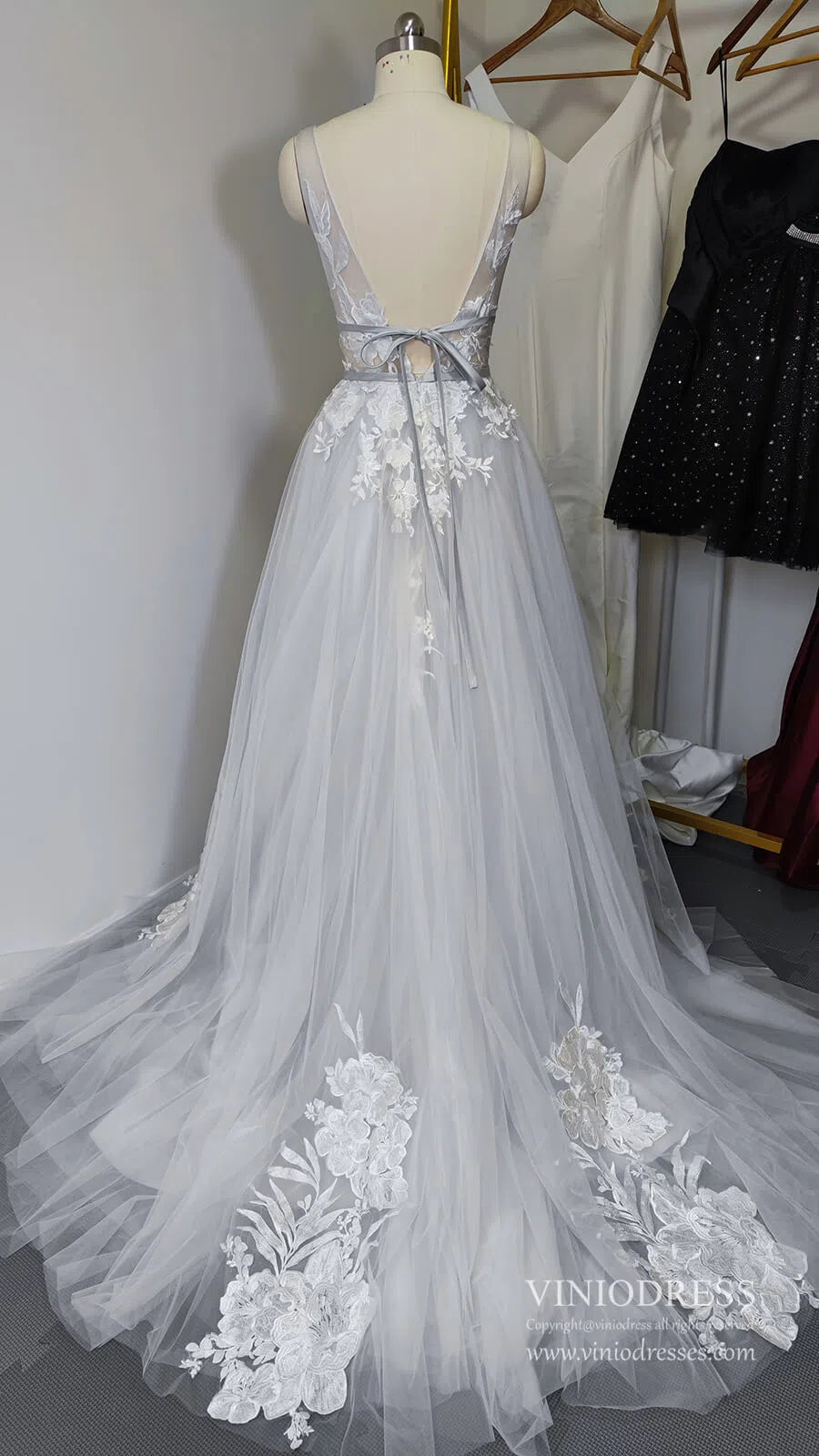 V Neck A Line Floral Silver Wedding Dresses VW1129-wedding dresses 2025 -Viniodress-Silver-Custom Size-