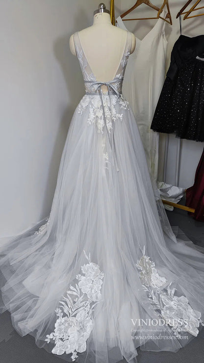V Neck A Line Floral Silver Wedding Dresses VW1129-wedding dresses 2025 -Viniodress-Silver-Custom Size-