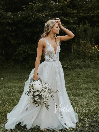 V Neck A Line Floral Silver Wedding Dresses VW1129-wedding dresses 2025 -Viniodress-Silver-Custom Size-